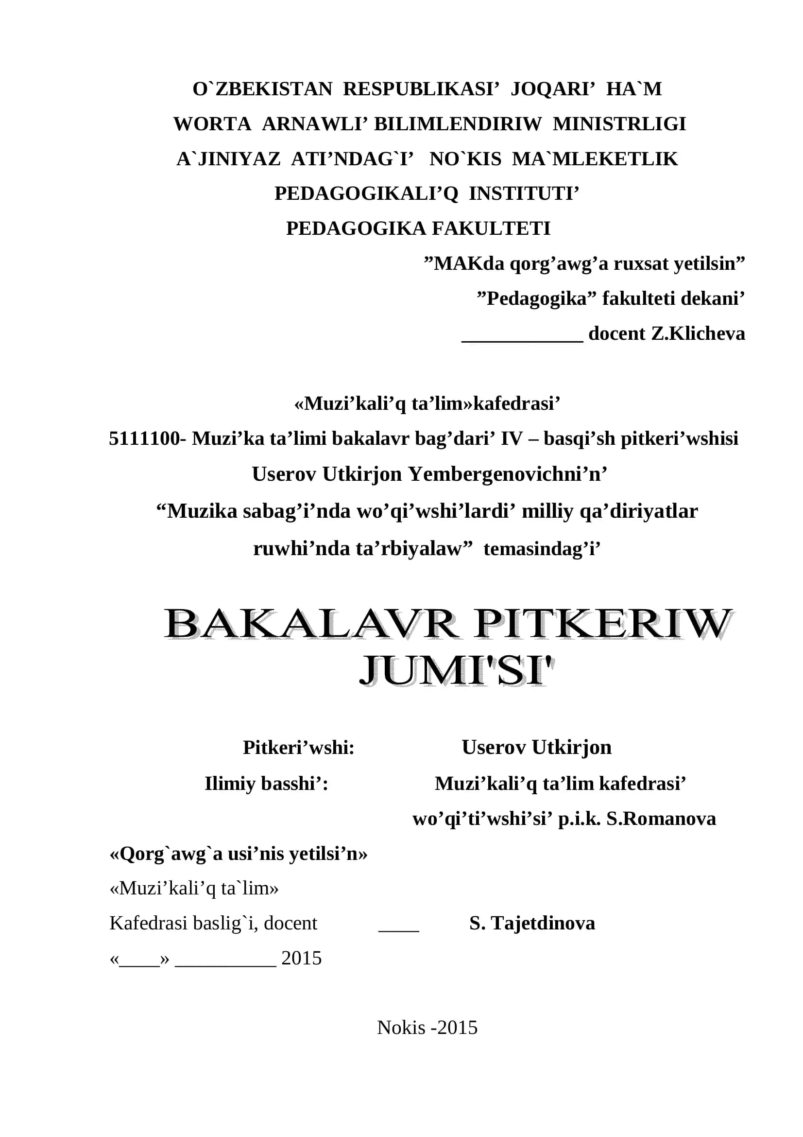 Muzi'ka Ta'limi Bakalavr Bag'dari' IV