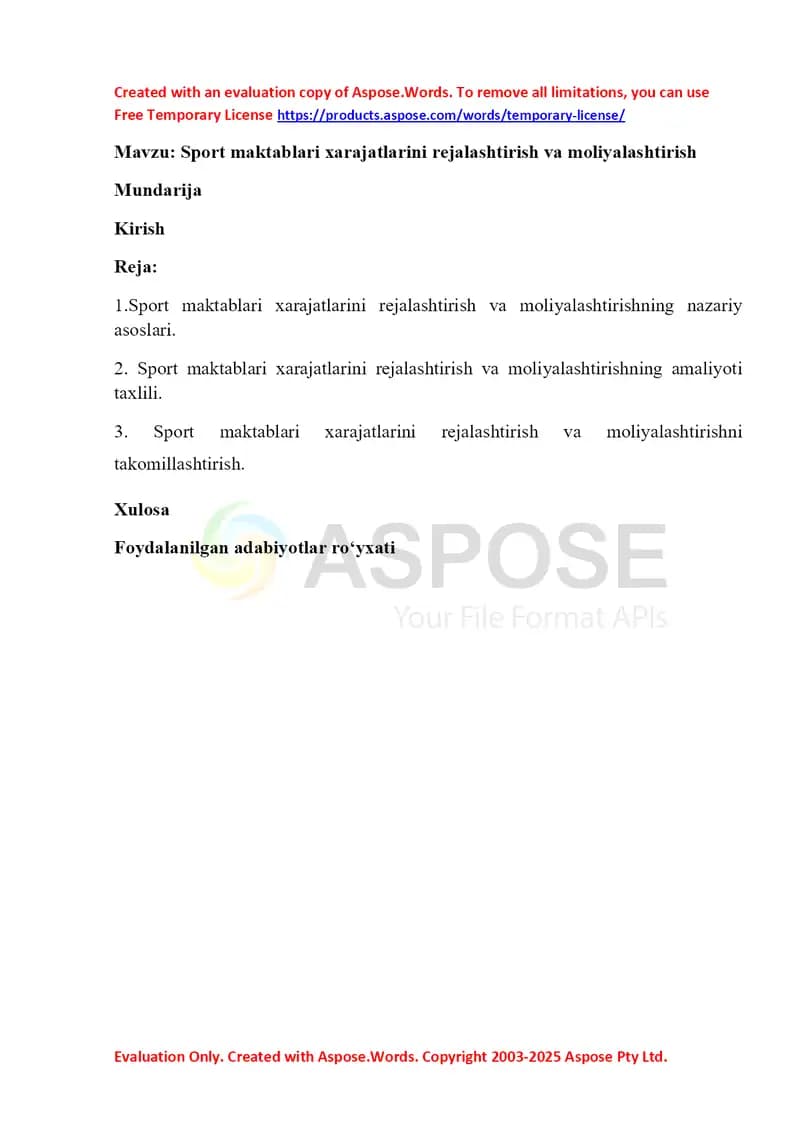 Sport maktablari xarajatlarini rejalashtirish va moliyalashtirish