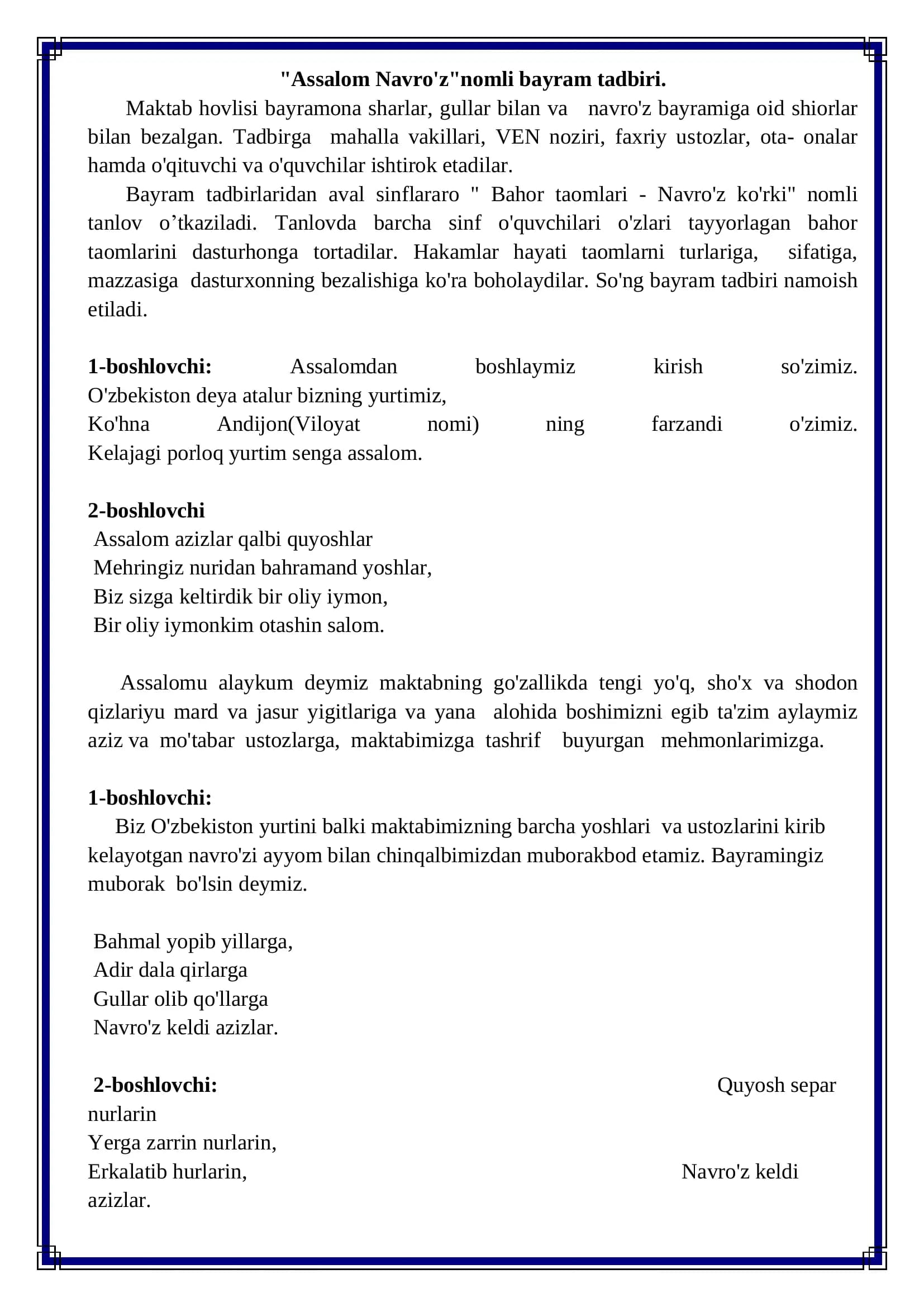 Navro'z bayram tadbiri senariylari. 5 xil bayram senariysi jamlangan fayl