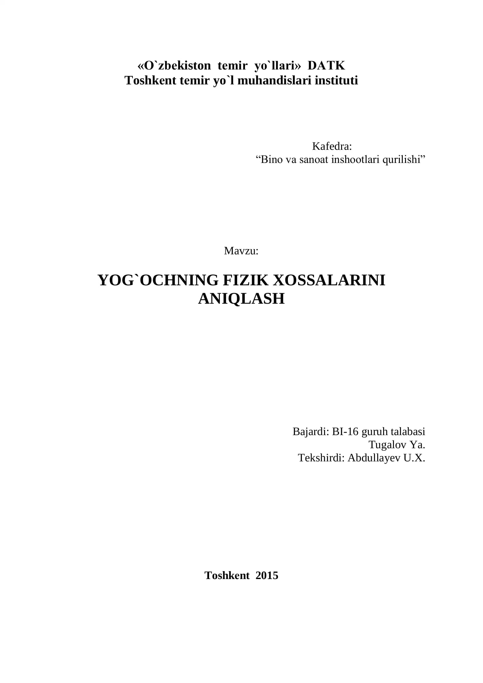 Yog`ochning fizik xossalarini aniqlash