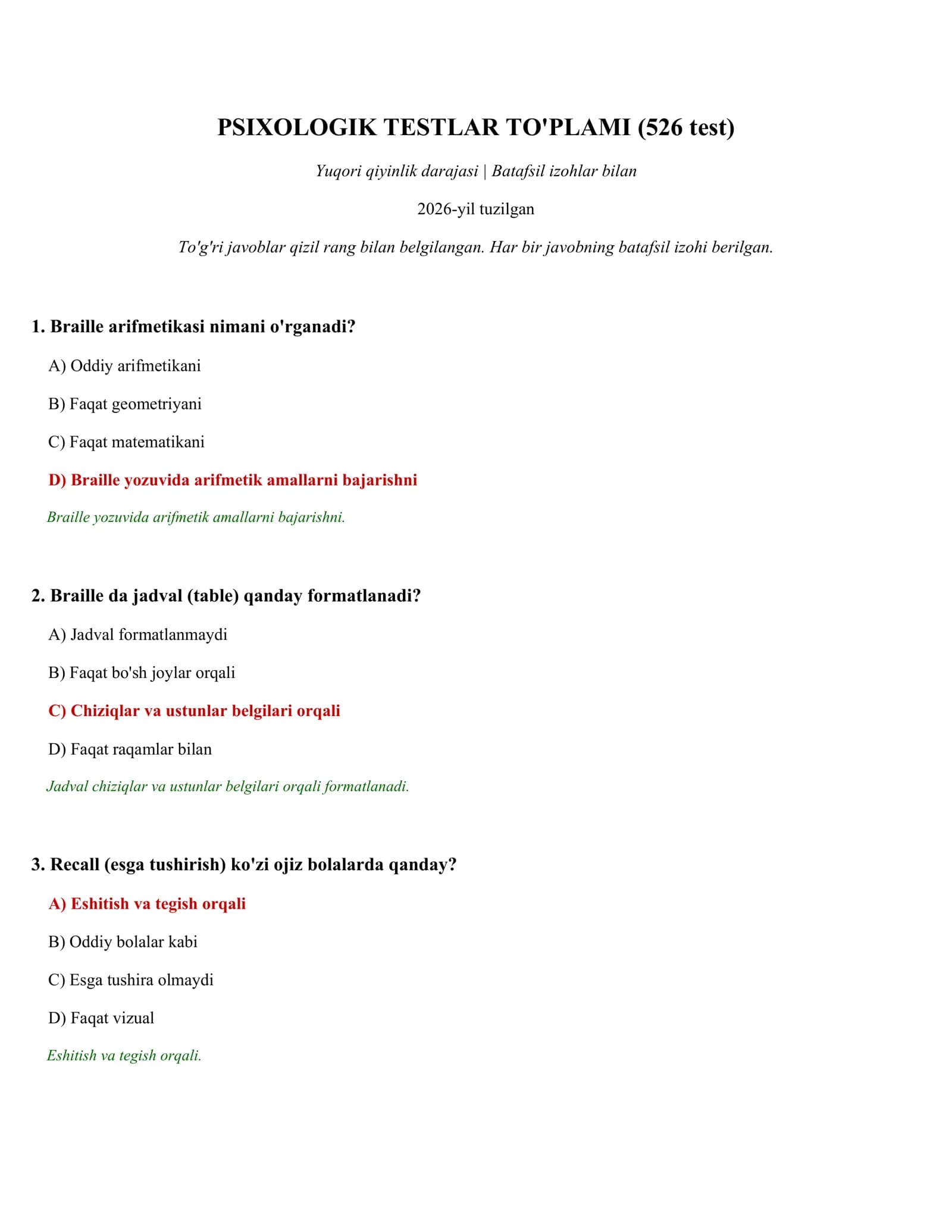 PSIXOLOGIK TESTLAR TO'PLAMI (526 test)