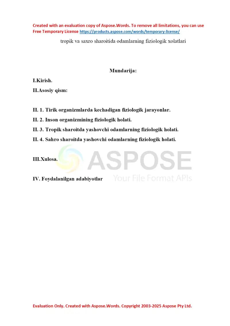 Tropik va saxro sharoyitida odamlarning fiziyologik xolatlari
