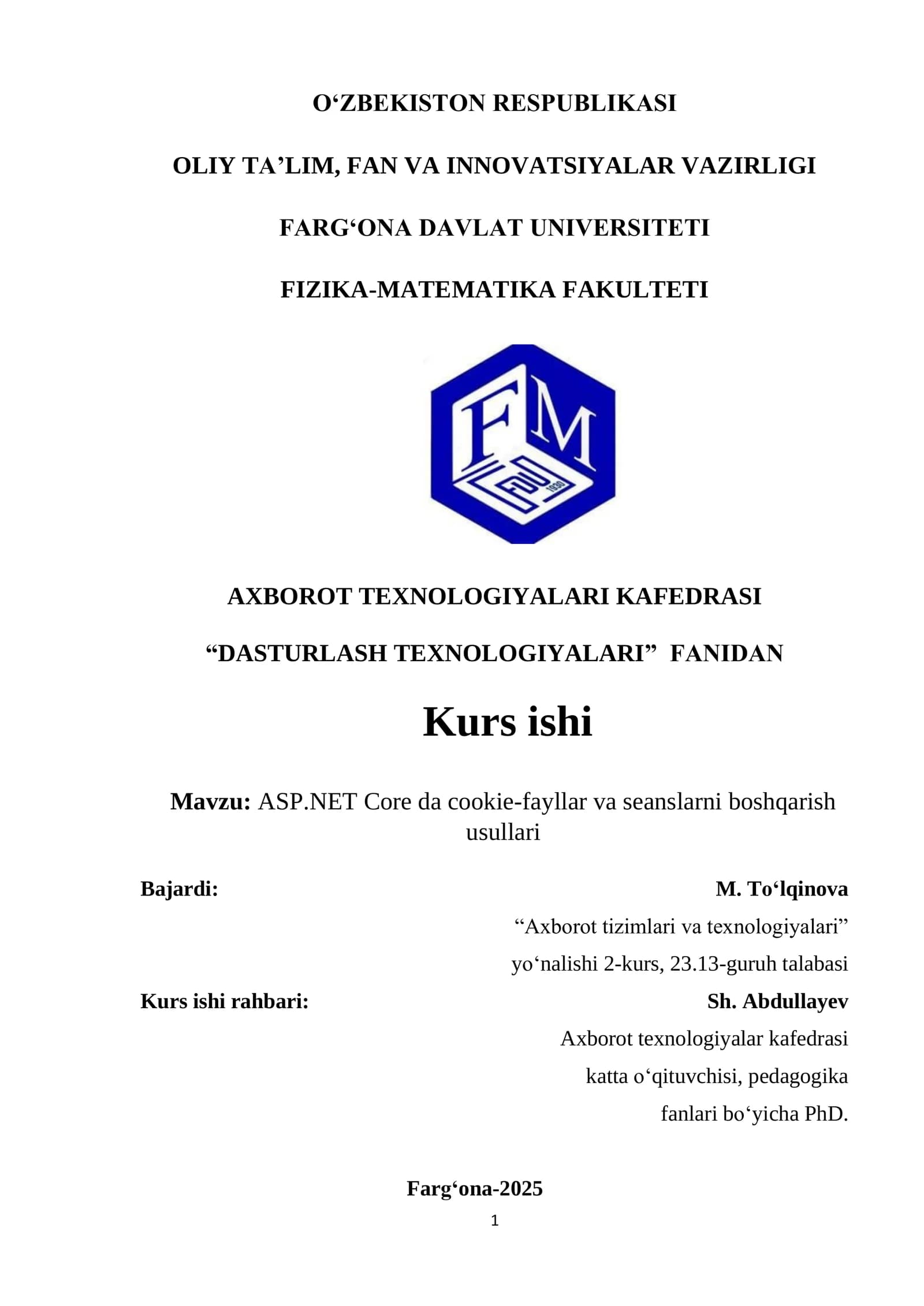 ASP.NET Core da cookie-fayllar va seanslarni boshqarish usullari kurs ishi