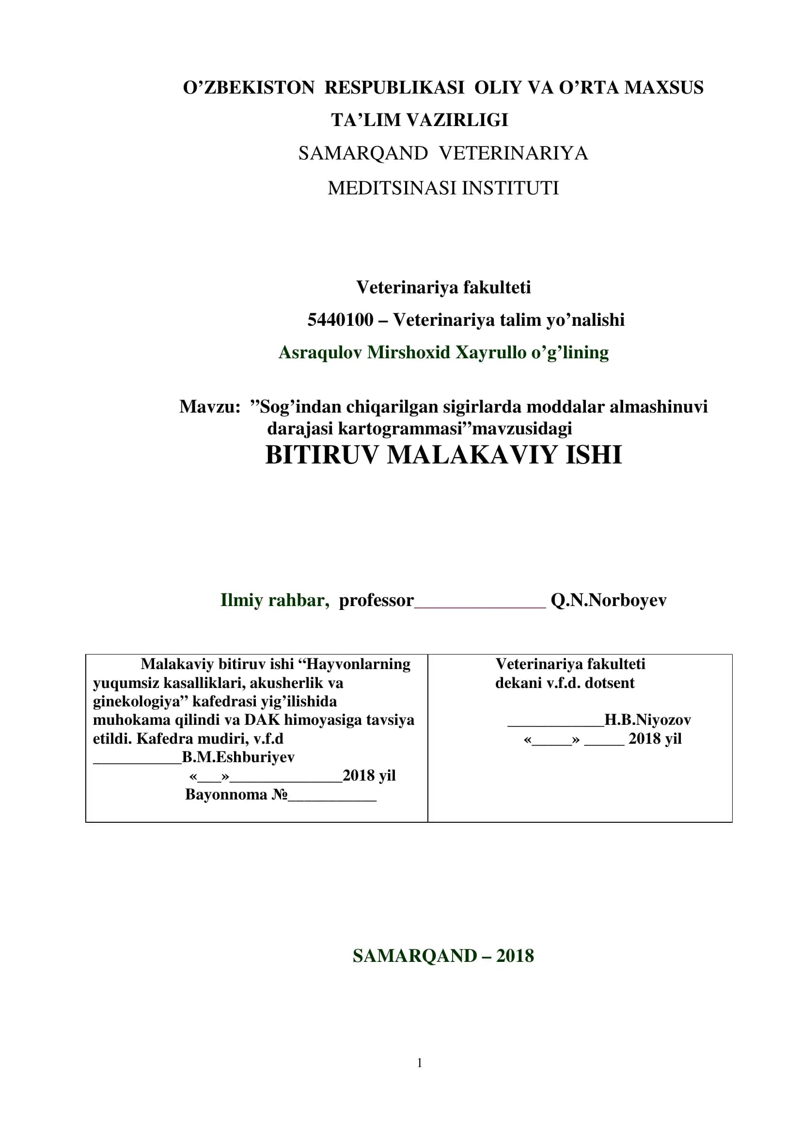 Sog’indan chiqarilgan sigirlarda moddalar almashinuvi darajasi kartogrammasi