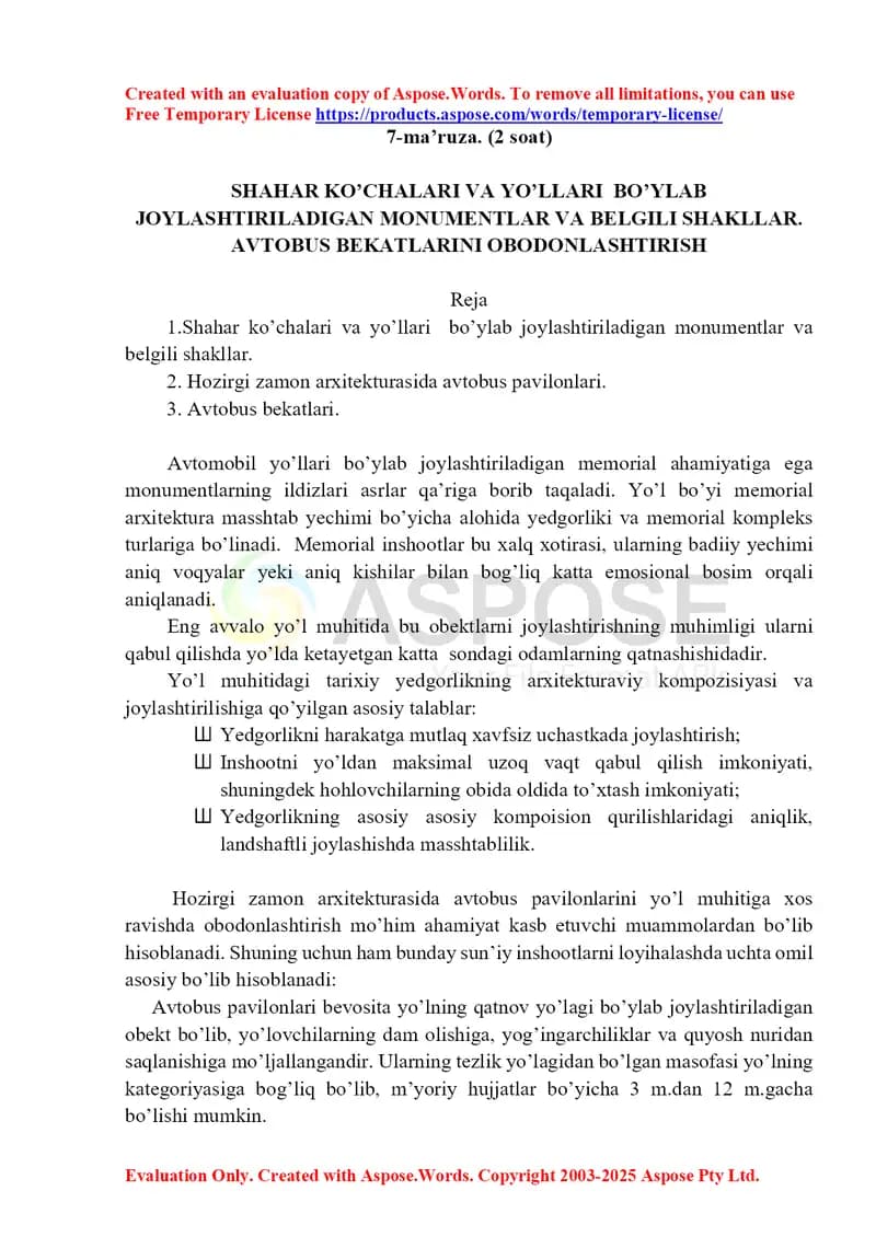 7-ma’ruza: Shahar ko‘chalari va yo‘llari bo‘ylab joylashtiriladigan monumentlar va avtobus bekatlarini obodonlashtirish