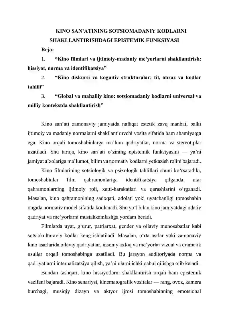 KINO SAN’ATINING SOTSIOMADANIY KODLARNI SHAKLLANTIRISHDAGI EPISTEMIK FUNKSIYASI