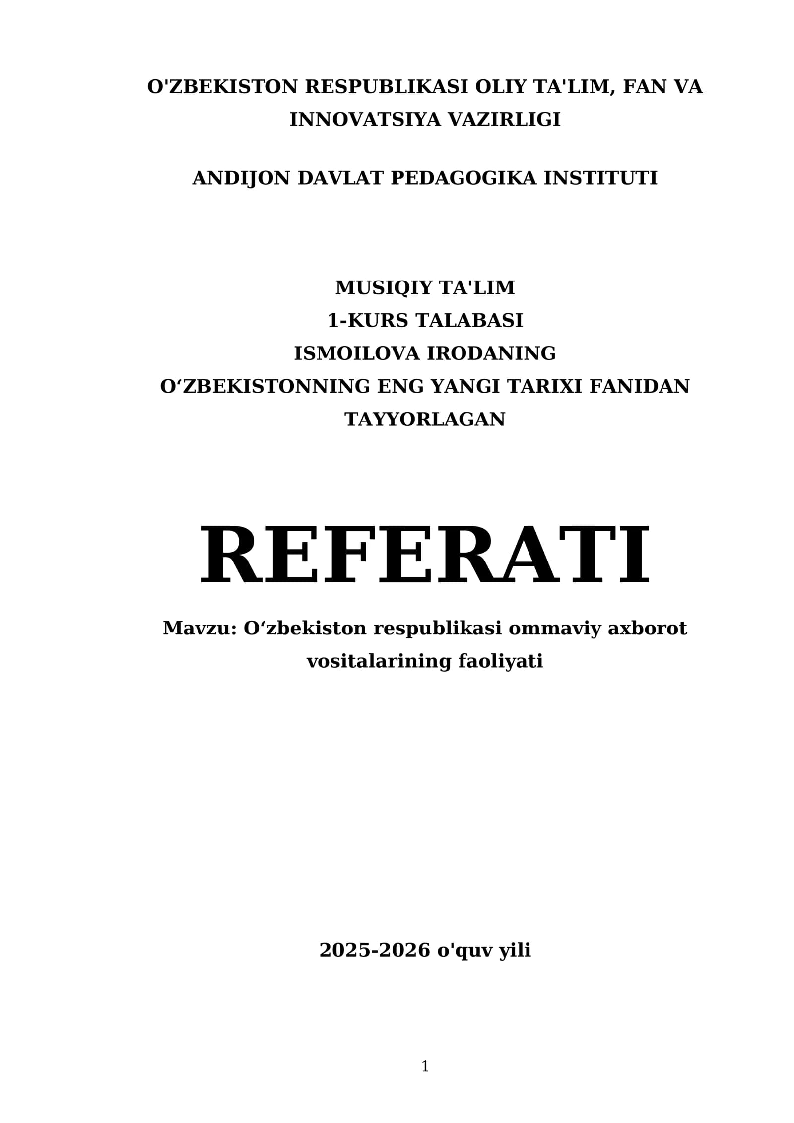 Oʻzbekiston respublikasi ommaviy axborot vositalarining faoliyati