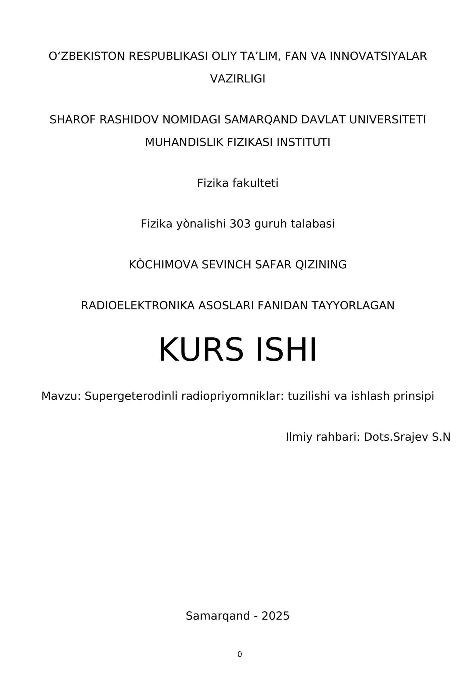 RADIOELEKTRONIKA ASOSLARI FANIDAN TAYYORLAGAN KURS ISHI