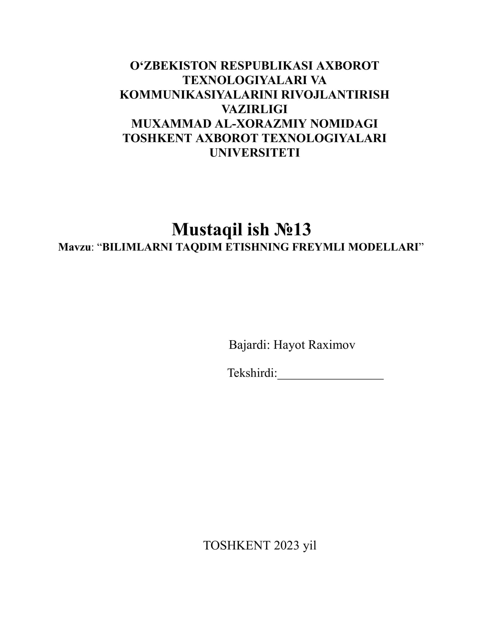 BILIMLARNI TAQDIM ETISHNING FREYMLI MODELLAR