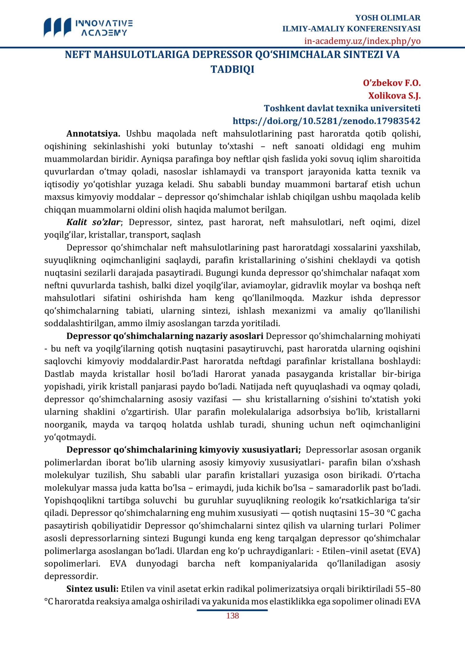 NEFT MAHSULOTLARIGA DEPRESSOR QO‘SHIMCHALAR SINTEZI VA TADBIQI