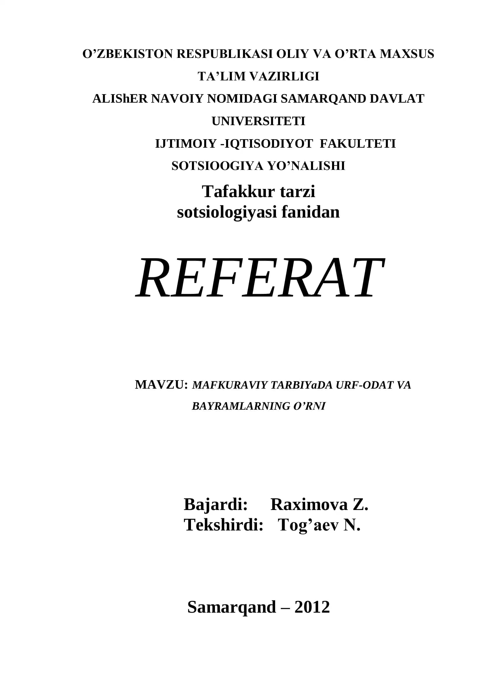 MAFKURAVIY TARBIYaDA URF-ODAT VA BAYRAMLARNING O’RNI