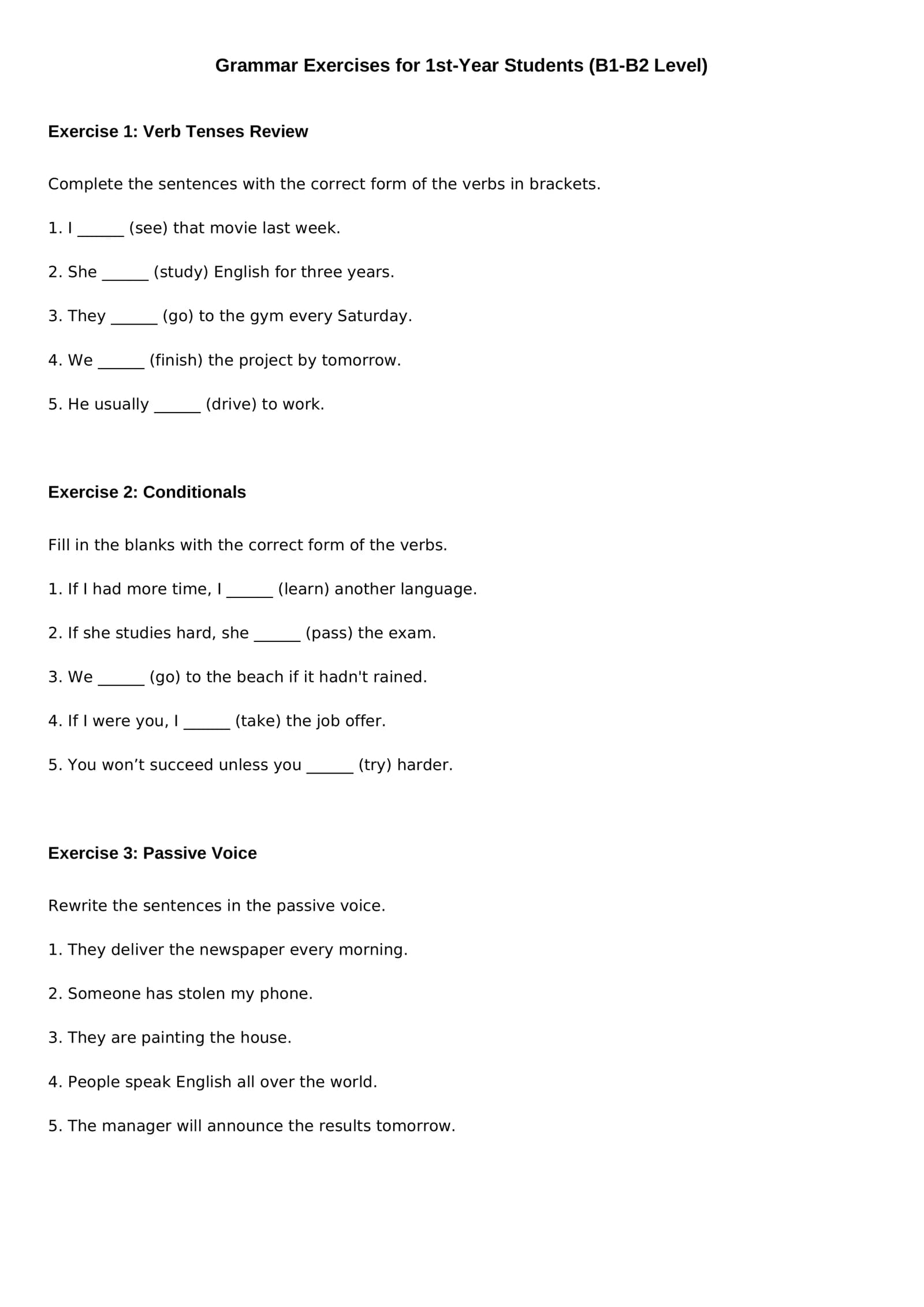 Grammar Exercises for 1st-Year Students (B1-B2 Level)