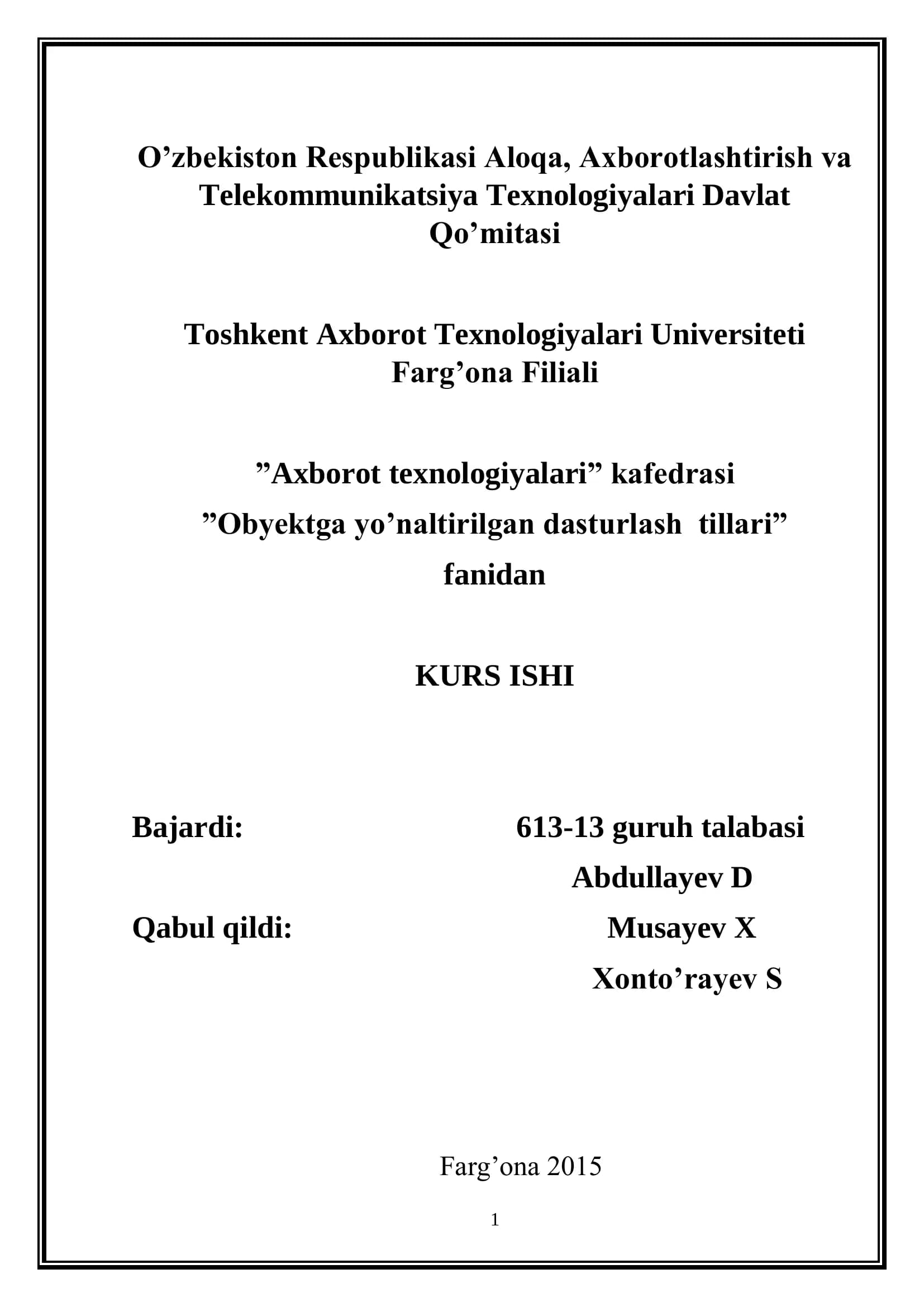 Ma‟lumotlar bazasini yaratish va uni C++ Bulder dasturigabog„lash