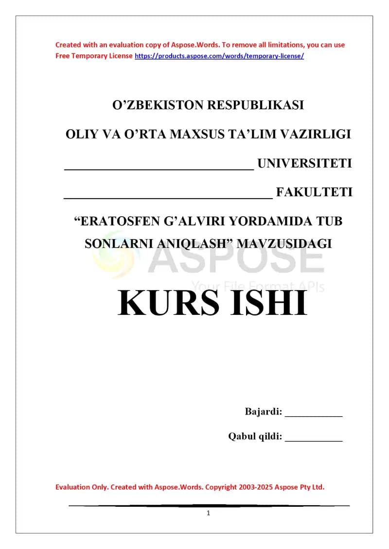 Eratosfen g'alviri yordamida tub sonlarni aniqlash