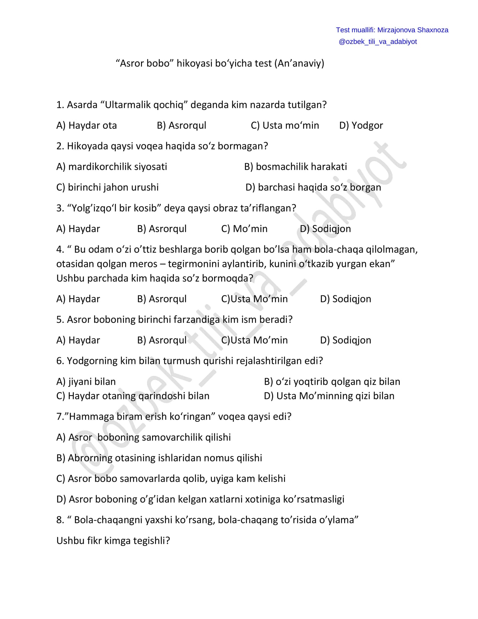 “Asror bobo” hikoyasi bo‘yicha test (An’anaviy)
