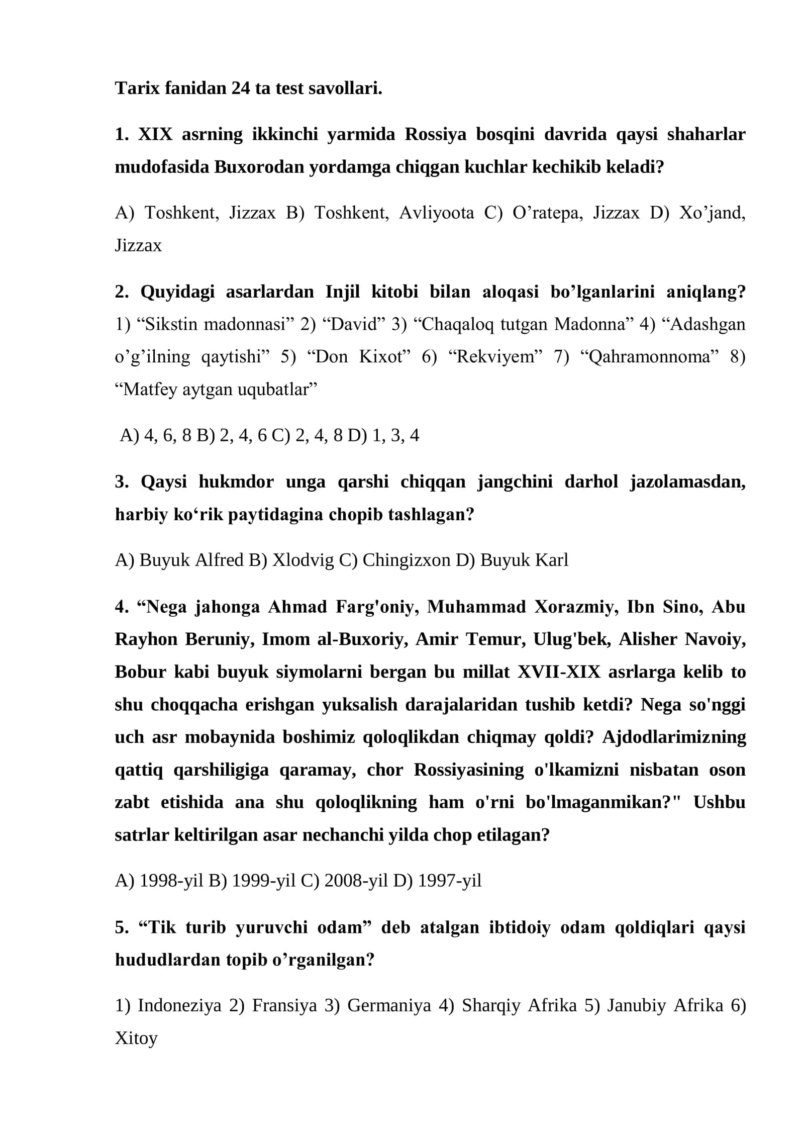 Tarix fanidan Murakkab testlar