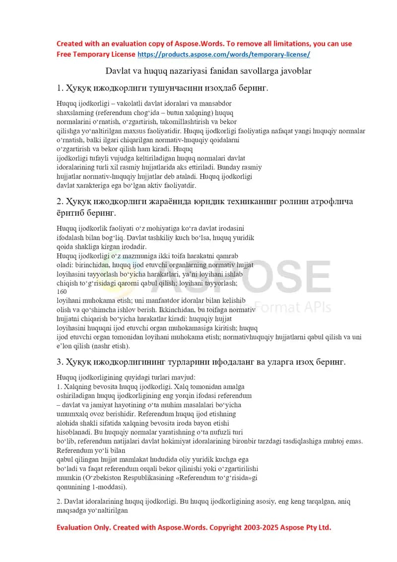 Davlat va huquq nazariyasi fanidan savollarga javoblar