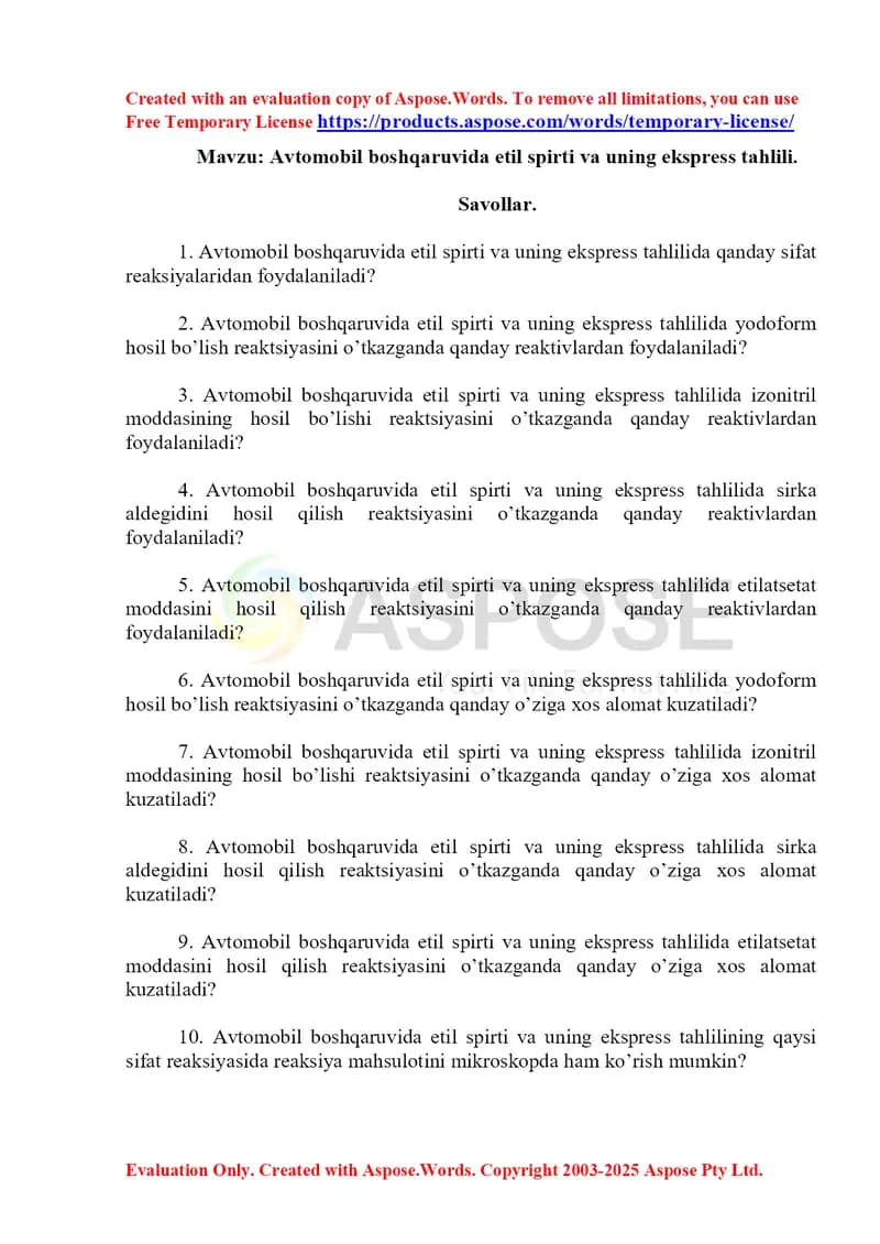 4. Avtomobil boshqaruvida etil spirti va uning ekspress tahlili. Savol-javob, 10 ta.