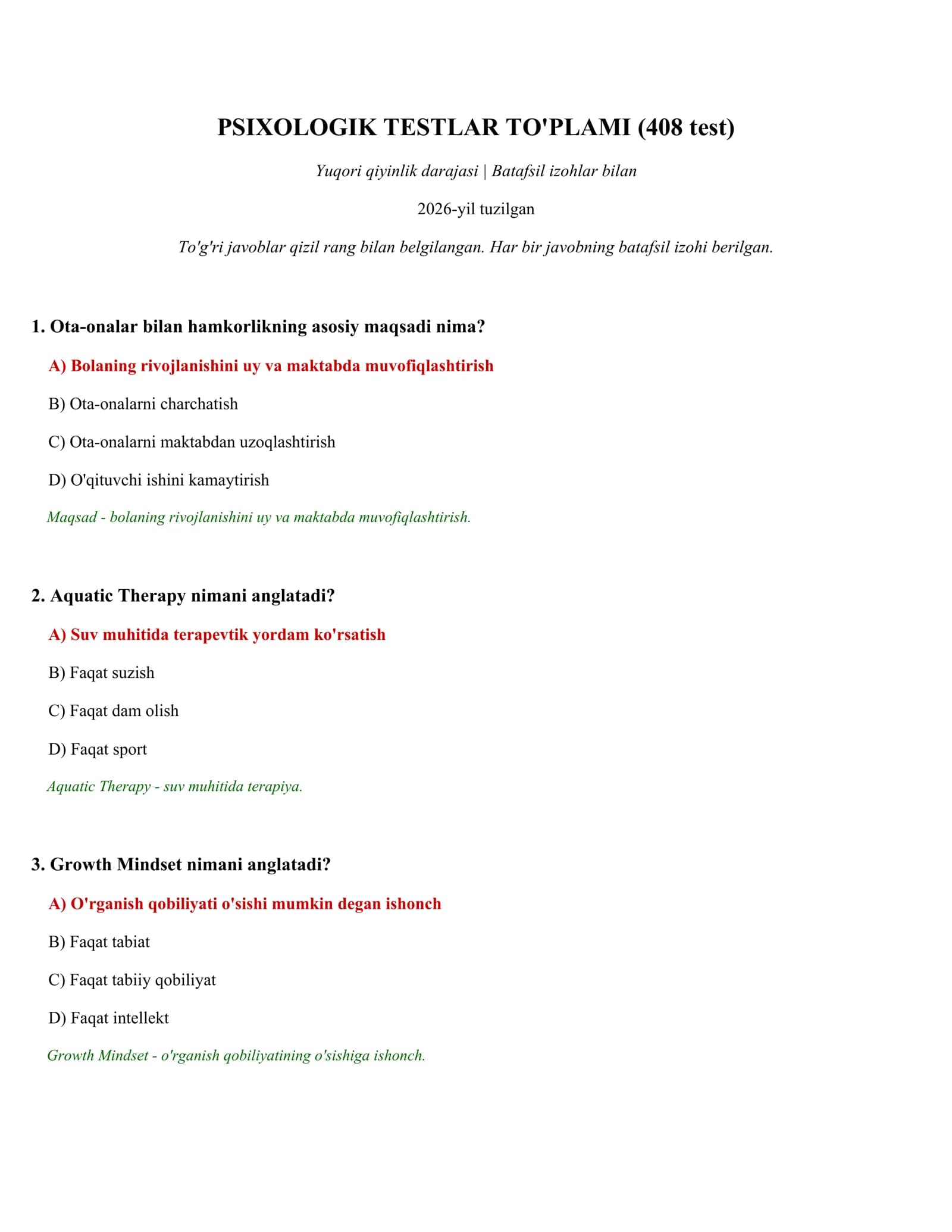 PSIXOLOGIK TESTLAR TO'PLAMI (408 test)