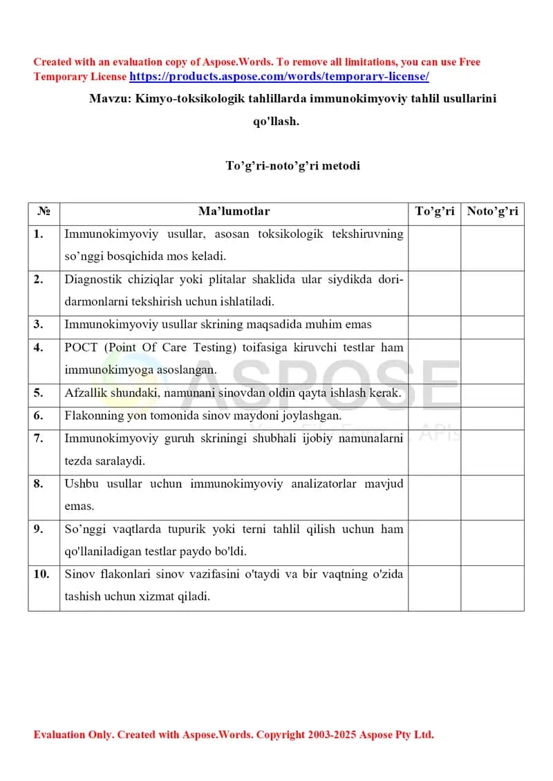 14. Kimyo-toksikologik tahlillarda immunokimyoviy tahlil usullarini qo'llash. To'g'ri-noto'g'ri metodi 2-xil.
