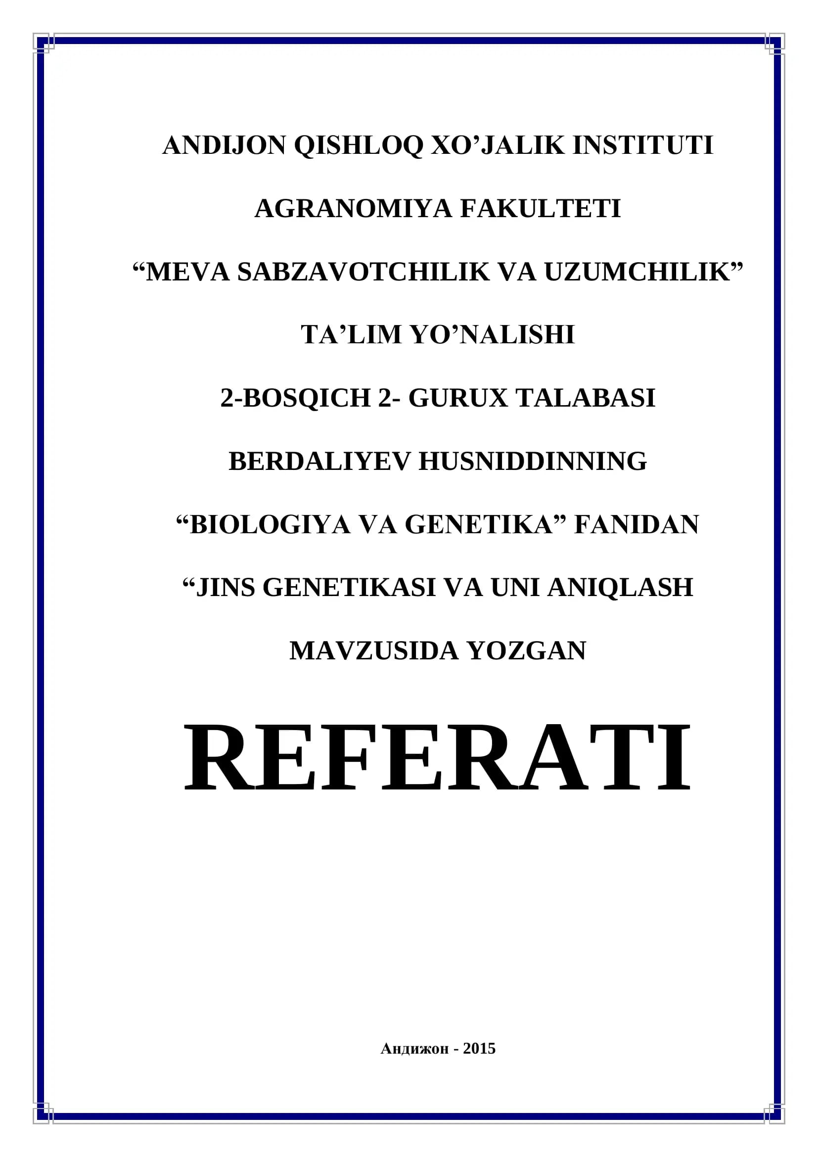 "Jins Genetikasi va Uni Aniqlash Mavzusida Referati"