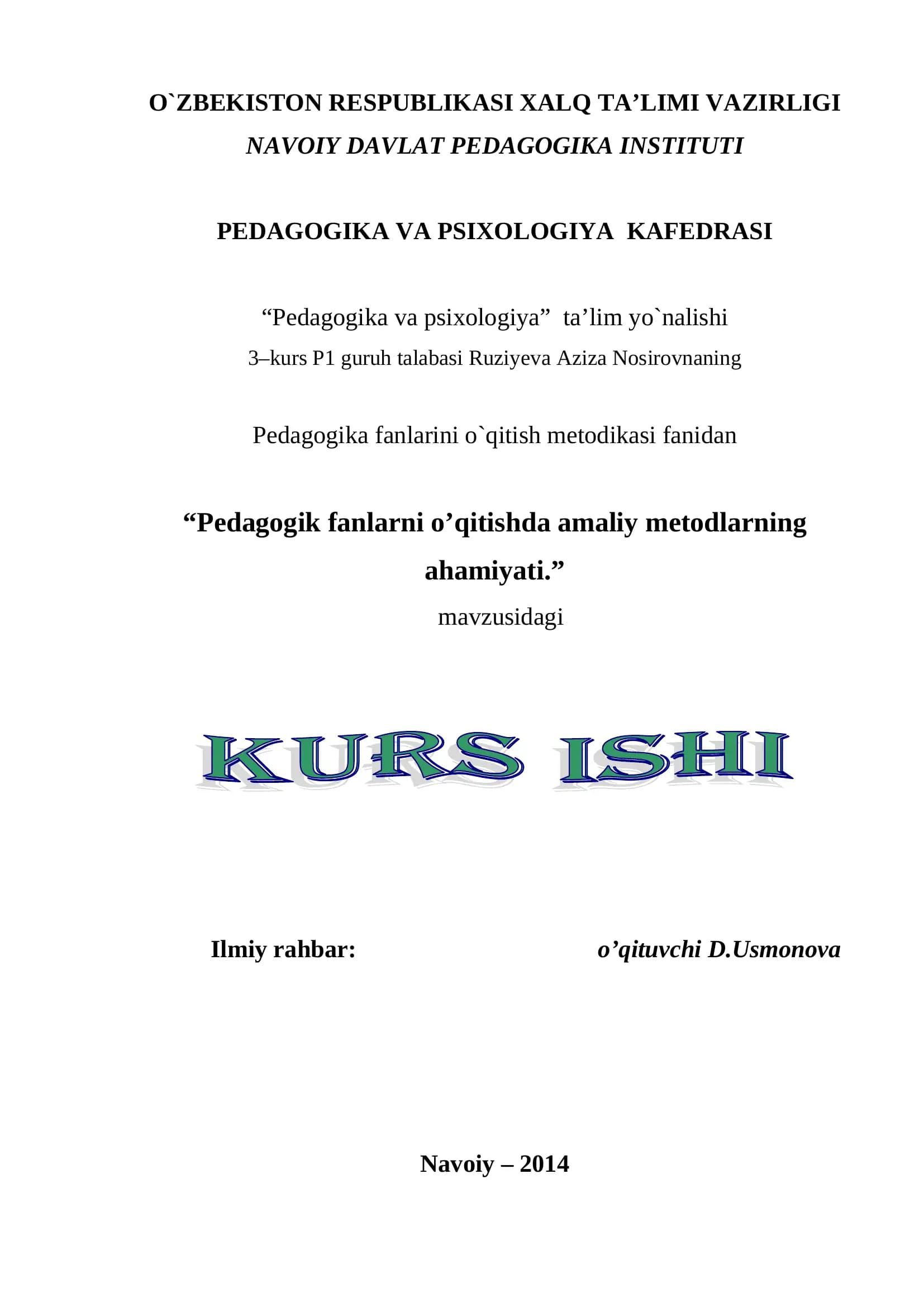 Pedagogika fanlarini o`qitish metodikasi