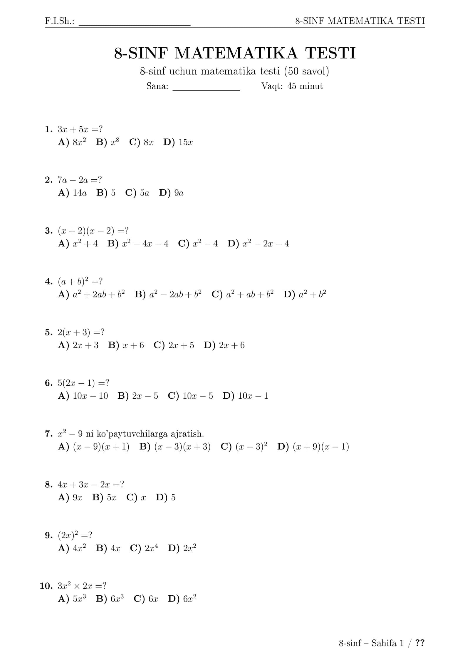8-SINF MATEMATIKA TESTI