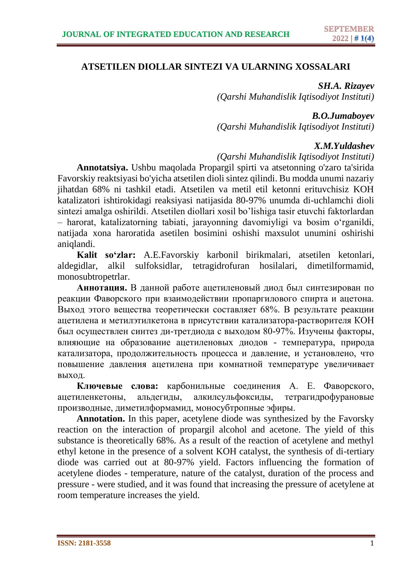 ATSETILEN DIOLLAR SINTEZI VA ULARNING XOSSALARI