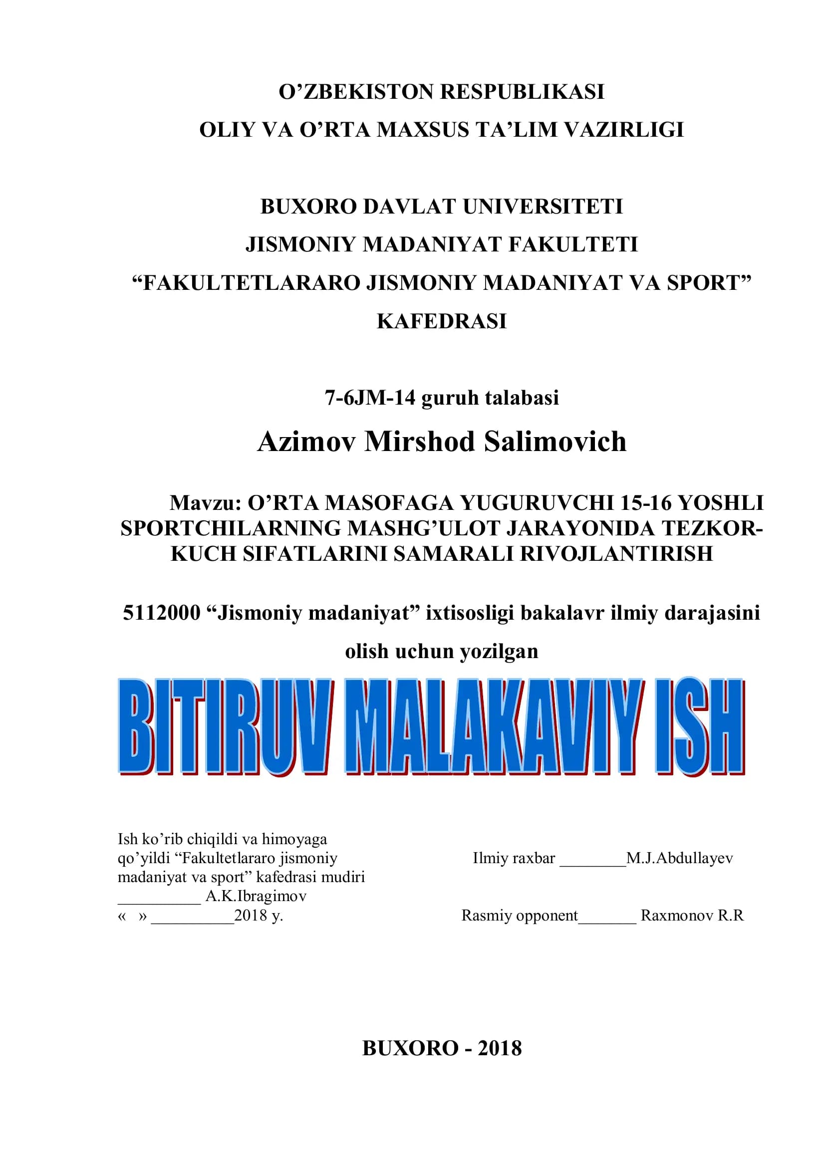 O’RTA MASOFAGA YUGURUVCHI 15-16 YOSHLI SPORTCHILARNING MASHG’ULOT JARAYONIDA TEZKOR- KUCH SIFATLARINI SAMARALI RIVOJLANTIRISH