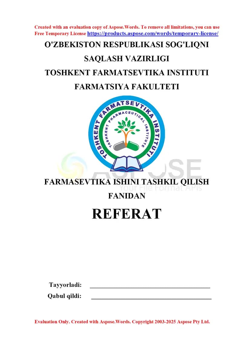 5. Shifoxonada formulyar tizimini qo‘llanilishi. Referat 8 bet.
