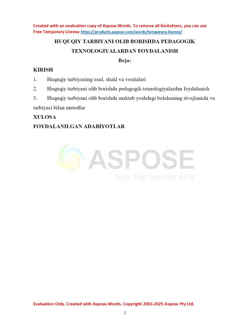 HUQUQIY TARBIYANI OLIB BORISHDA PEDAGOGIK TEXNOLOGIYALARDAN FOYDALANISH