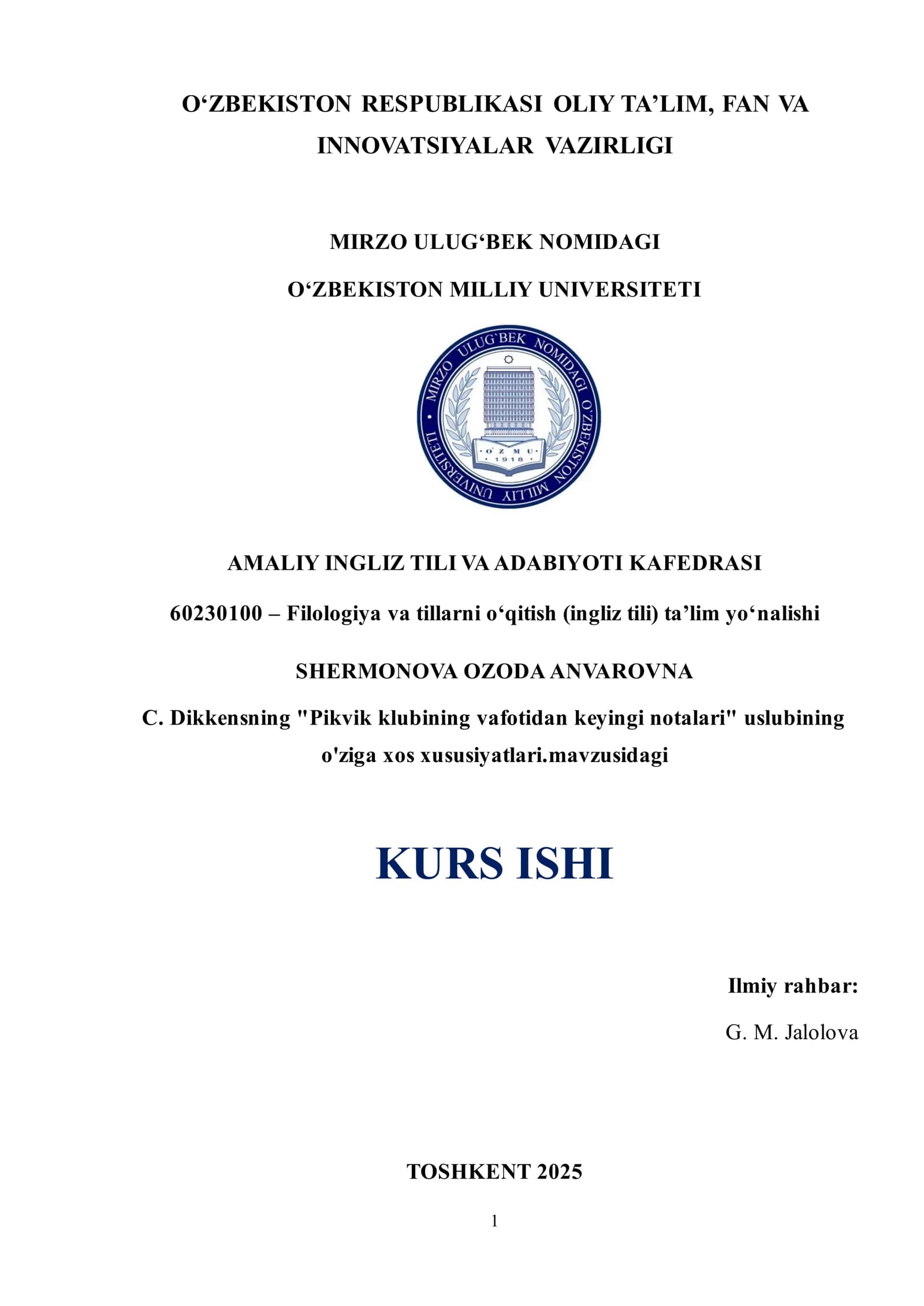 O‘zbekiston Milliy Universiteti - Kurs ishi