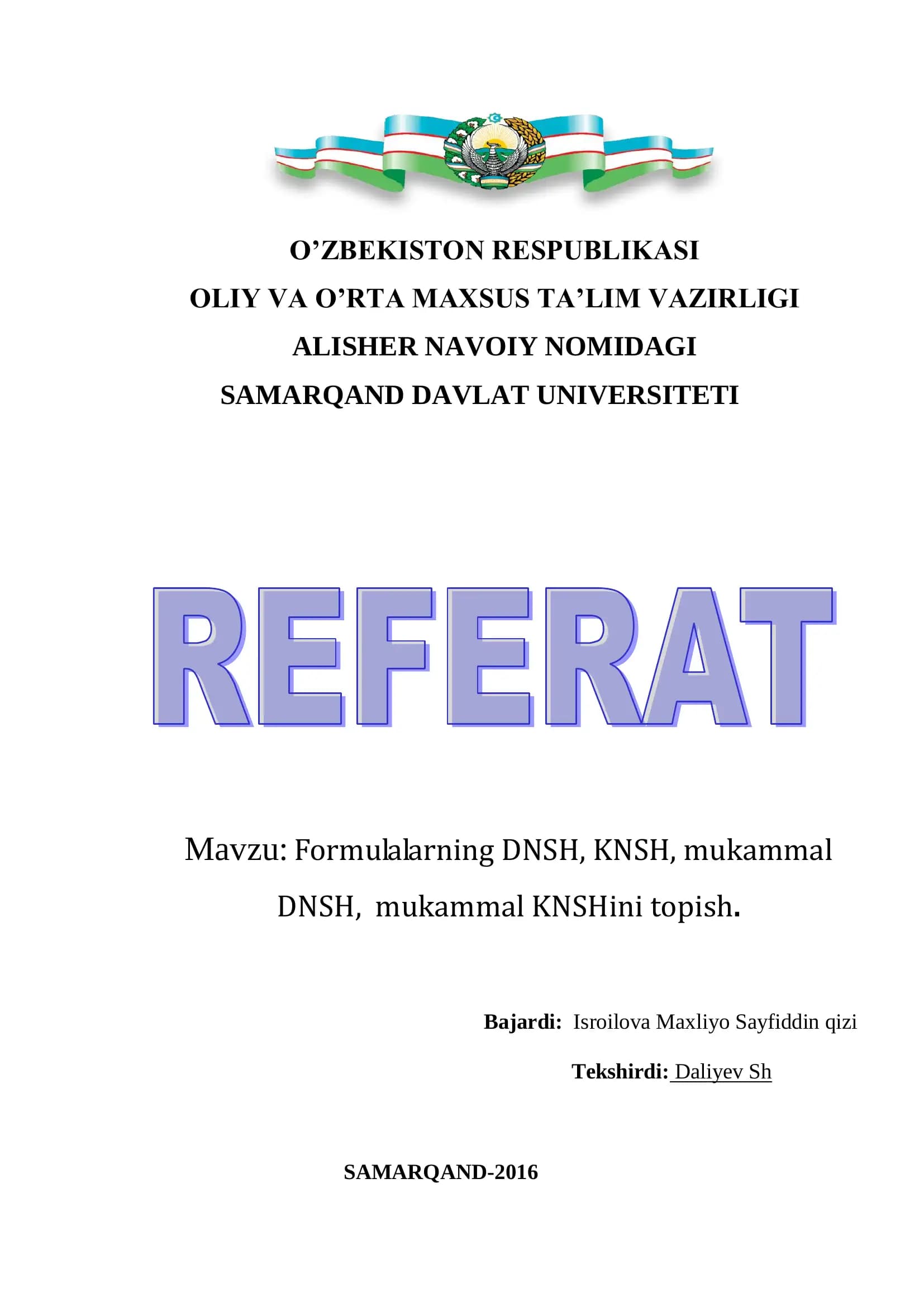 Formulalarning DNSH, KNSH, mukammal DNSH, mukammal KNSHini topish