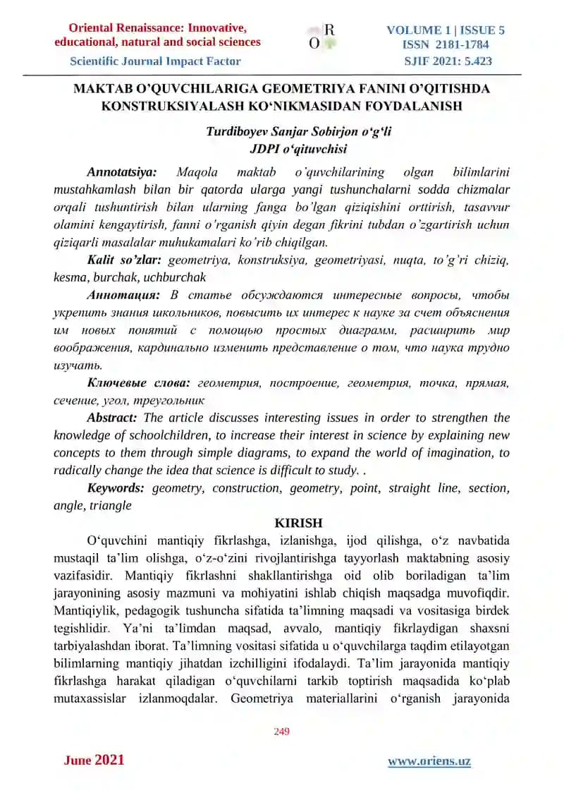 MAKTAB O’QUVCHILARIGA GEOMETRIYA FANINI O’QITISHDA KONSTRUKSIYALASH KO‘NIKMASIDAN FOYDALANISH