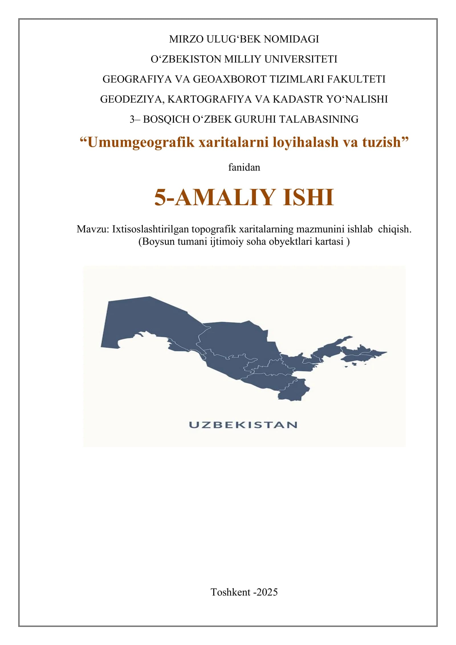 Ixtisoslashtirilgan topografik xaritalarning mazmunini ishlab chiqish. (Boysun tumani ijtimoiy soha obyektlari kartasi )