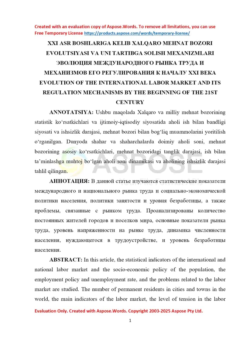 XXI asr boshlariga kelib xalqaro mehnat bozori evolutsiyasi va uni tartibga solish mexanizmlari