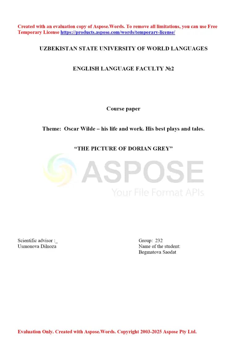 Oscar Wilde – his life and work. His best plays and tales (The Picture of Dorian Grey)
