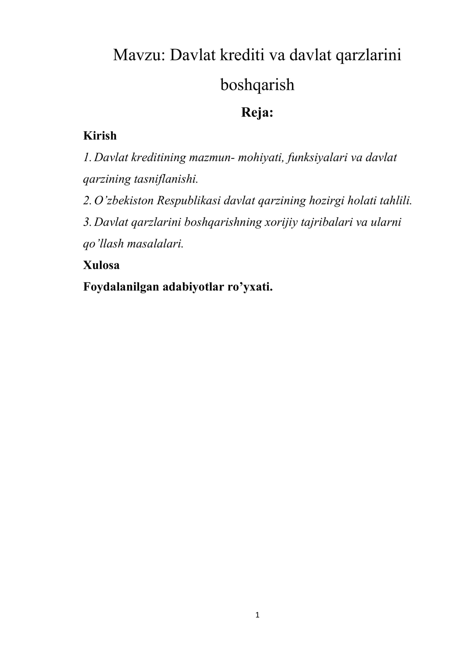 Davlat krediti va davlat qarzlarini boshqarish