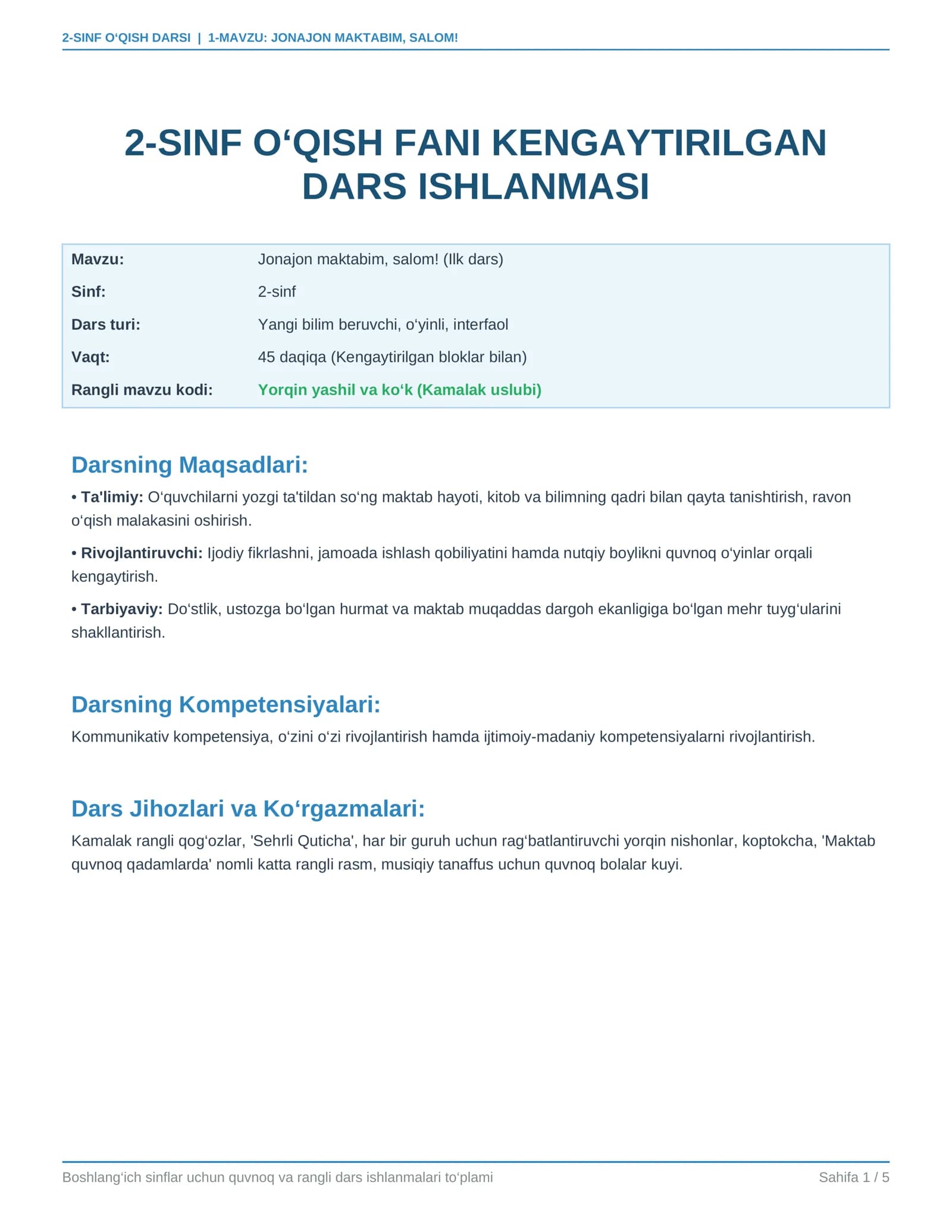 2-SINF O‘QISH FANI KENGAYTIRILGAN DARS ISHLANMASI