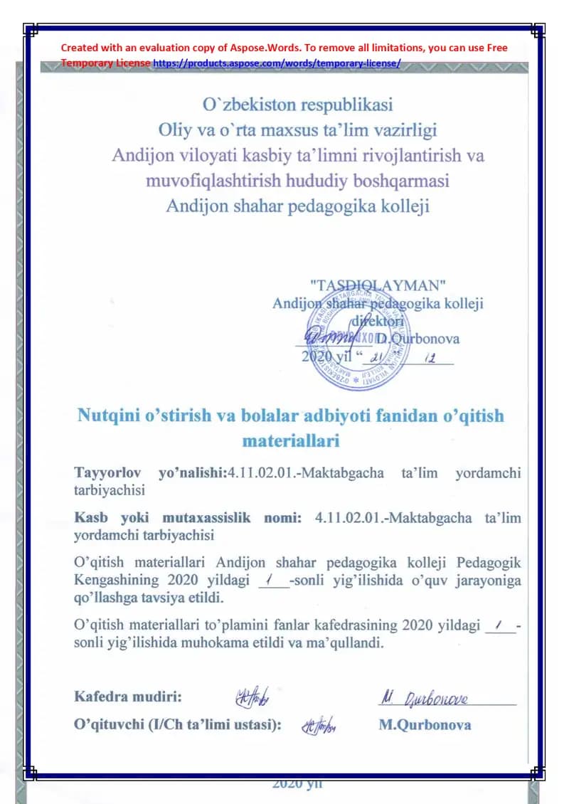 Bolalar adabiyoti va ifodali o‘qish fanidan o‘quv dasturi