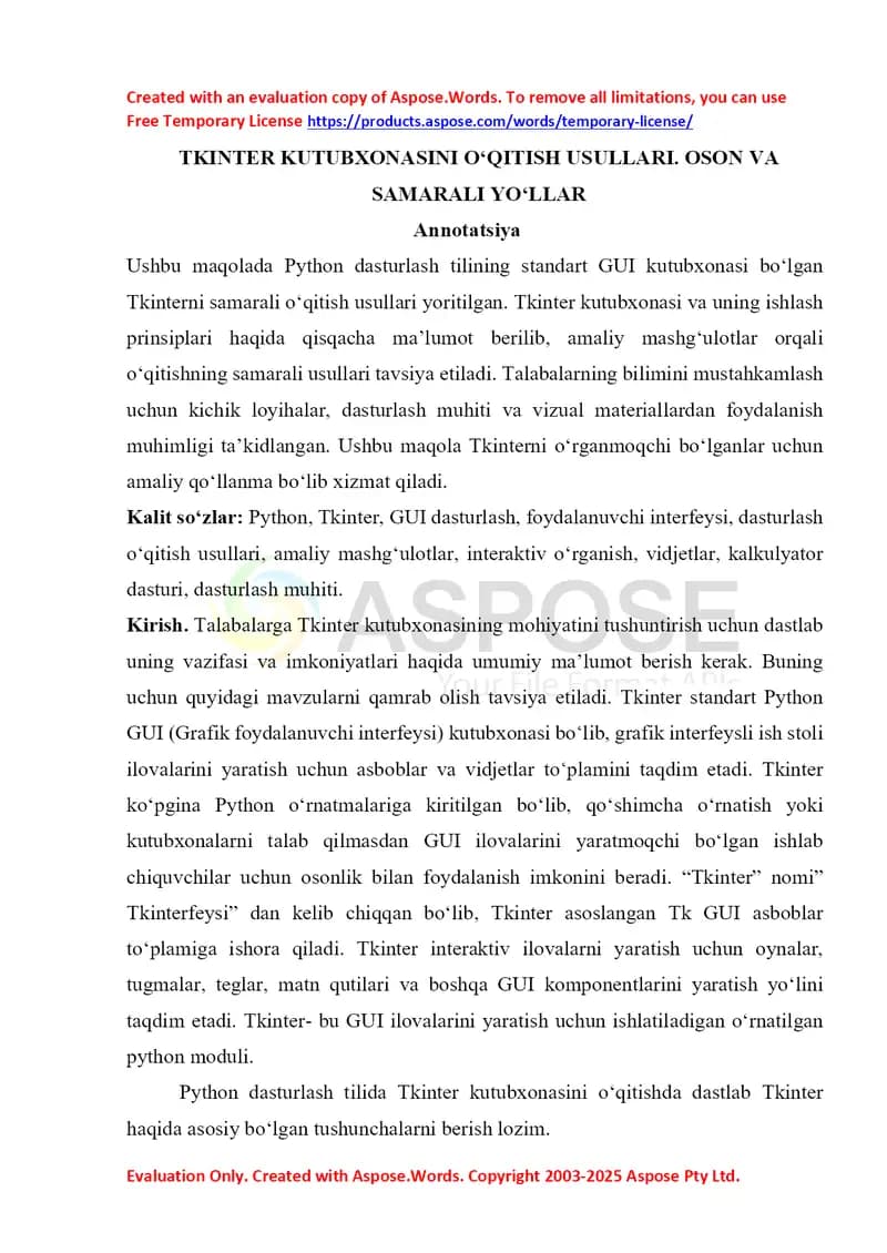 Tkinter kutubxonasini o'qitish usullari