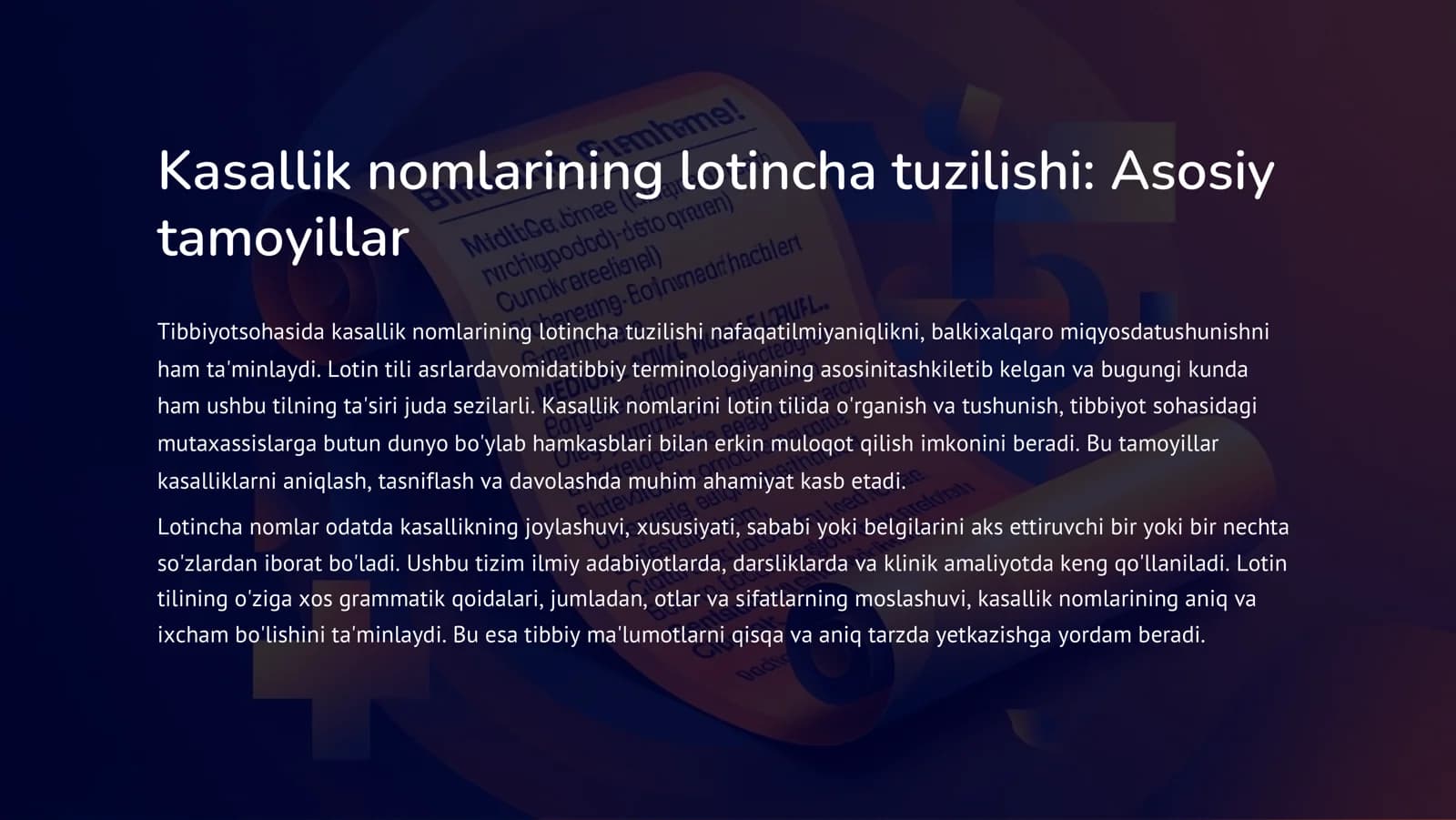Tibbiy terminologiyadan kasallik nomlarini o'rganish