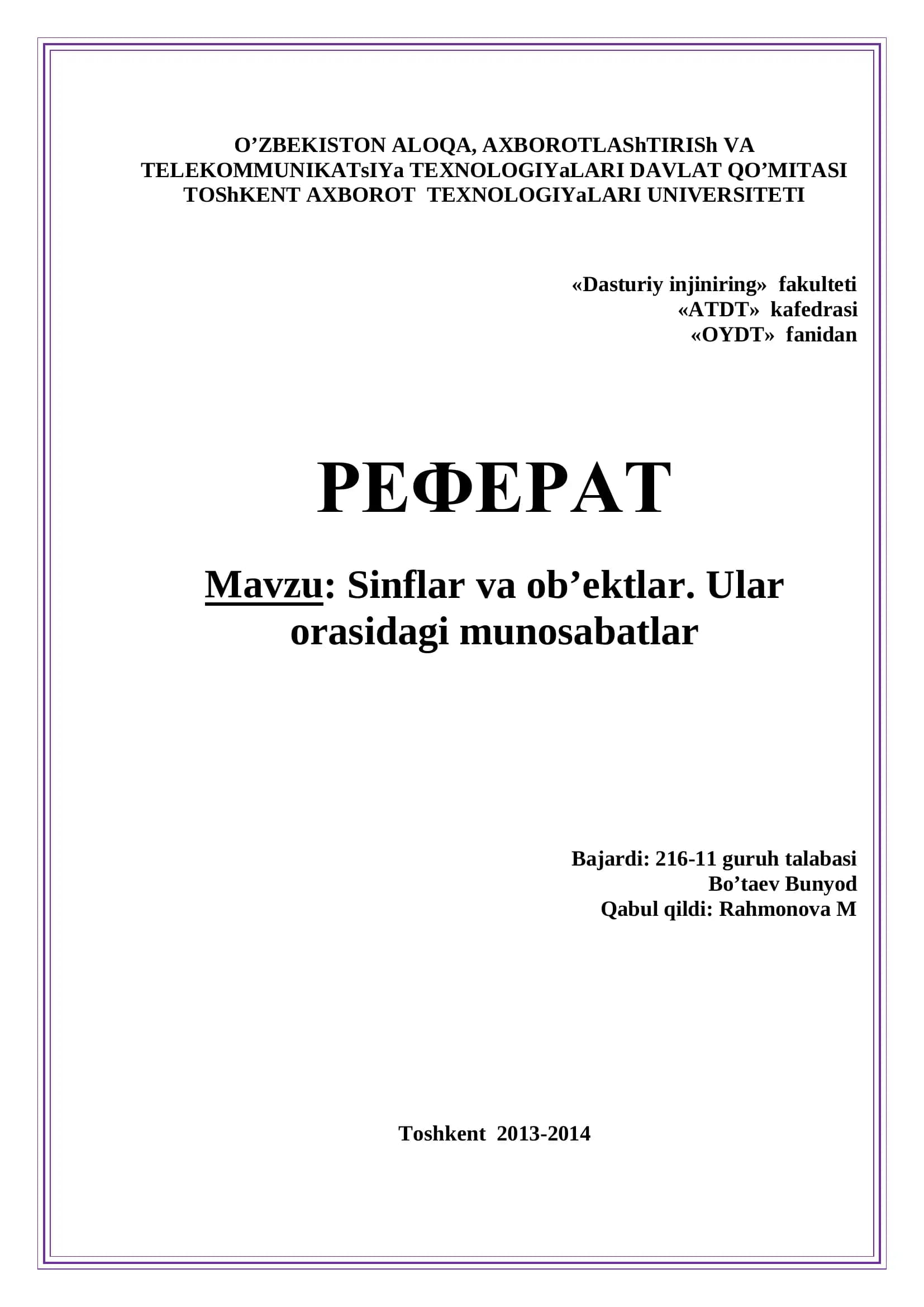 Sinflar va obyektlar
