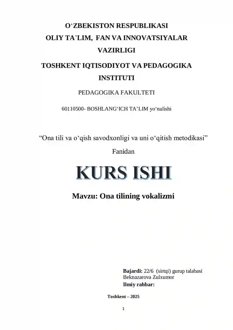 Ona tili va oʻqish savodxonligi va uni oʻqitish metodikasi