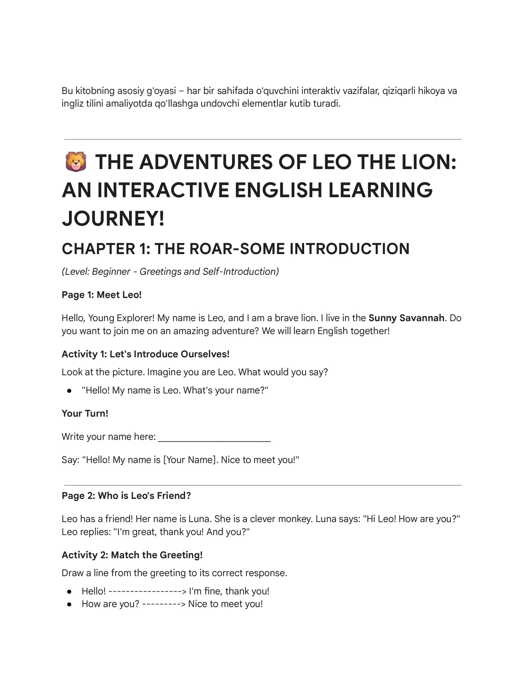 THE ADVENTURES OF LEO THE LION: AN INTERACTIVE ENGLISH LEARNING JOURNEY!