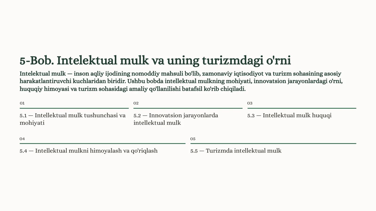 5-Bob. Intelektual mulk va uning turizmdagi o'rni