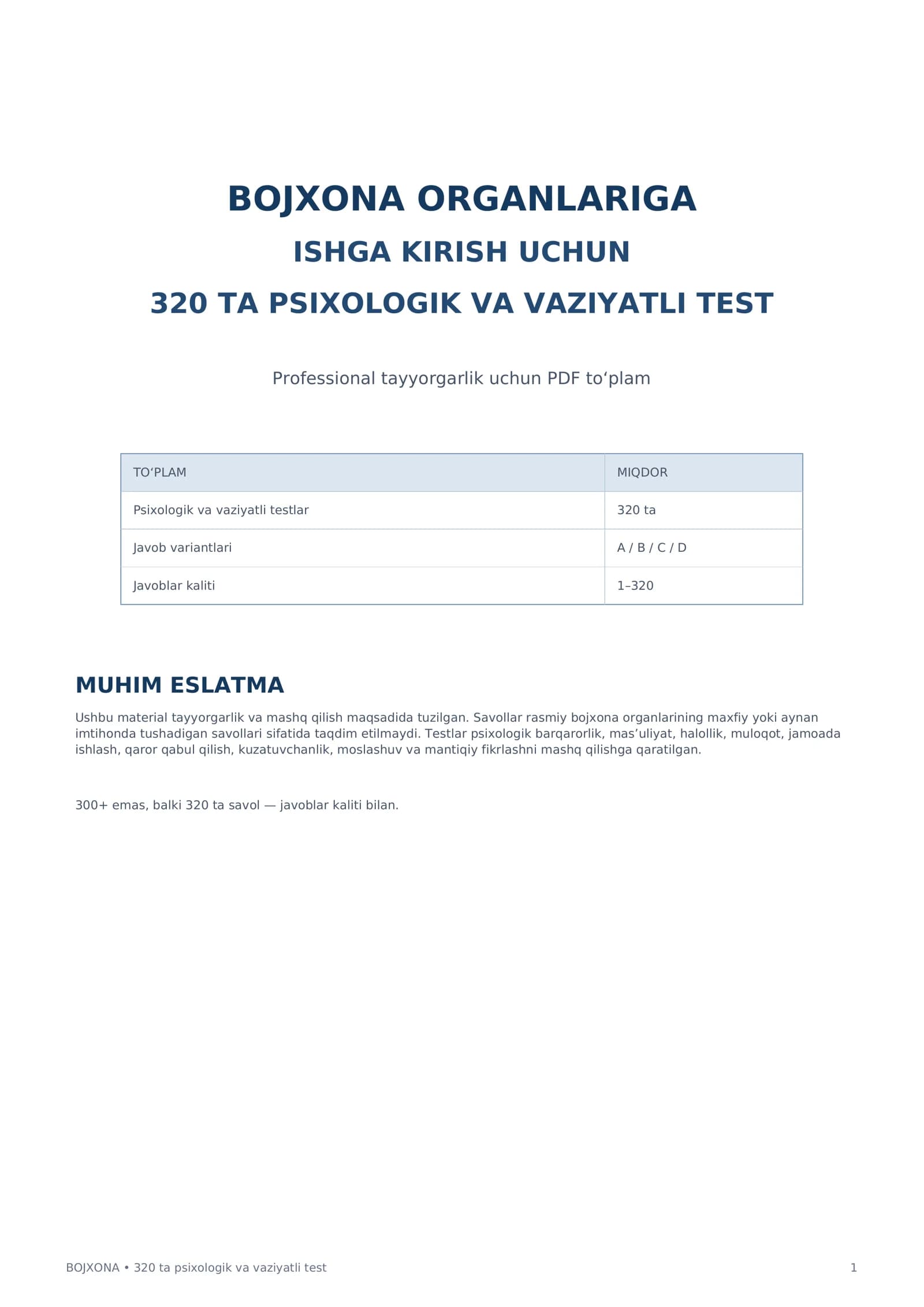 Bojxona Organlariga Ishga Kirish uchun 320 ta Psixologik Test | Javoblar Kaliti bilan PDF