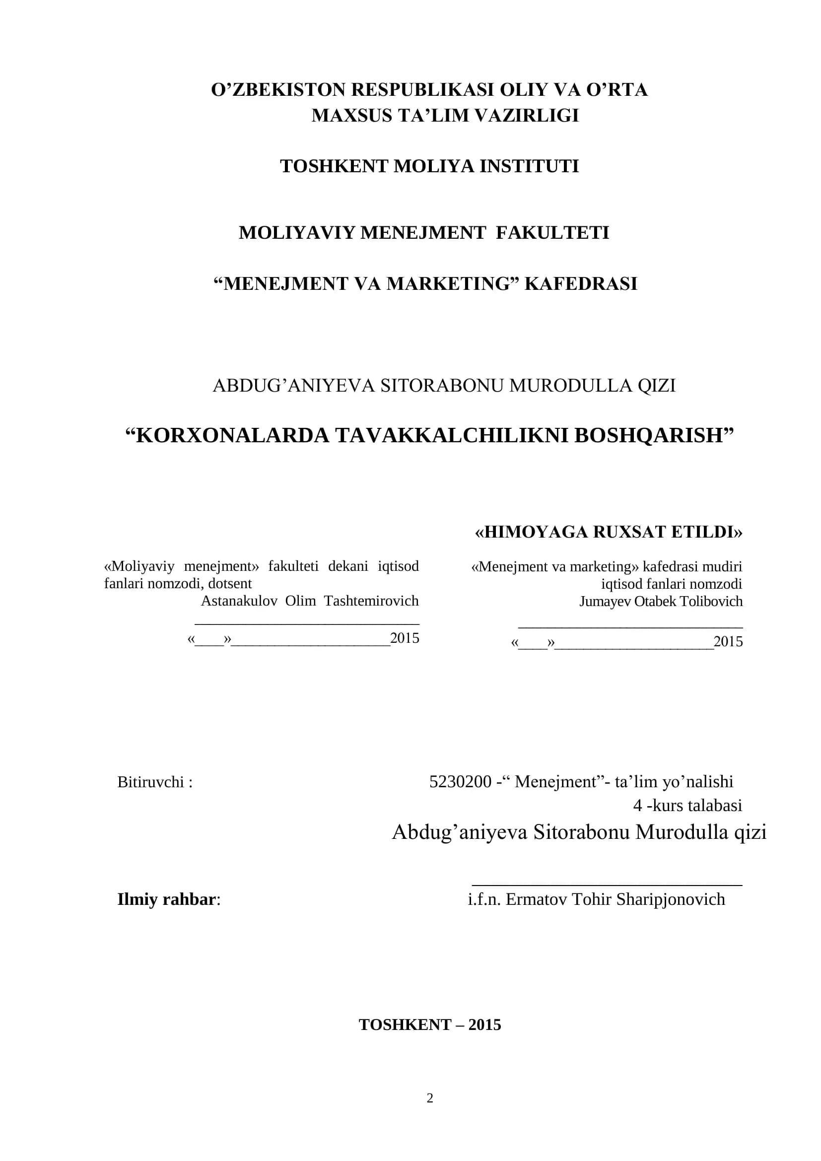 Korxonalarda Tavakkalchilikni Boshqarish