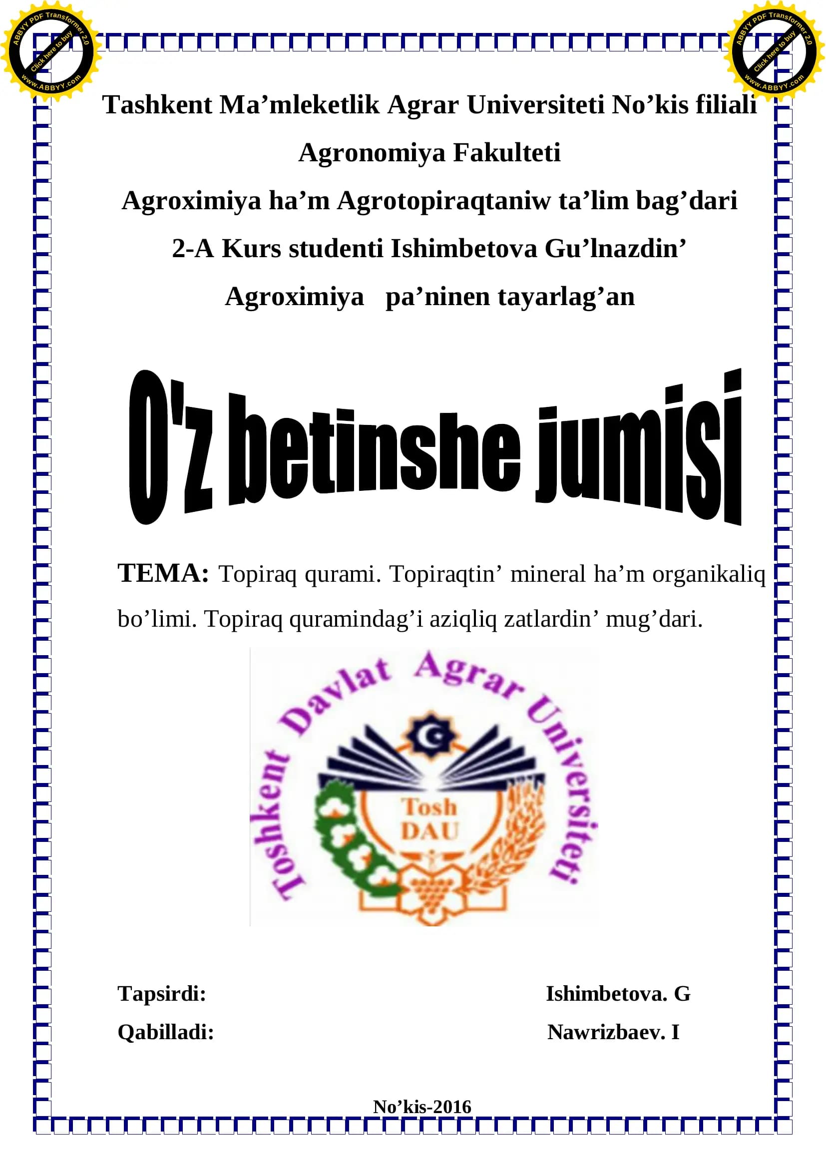 Agroximiya pa’ninen tayarlag’an