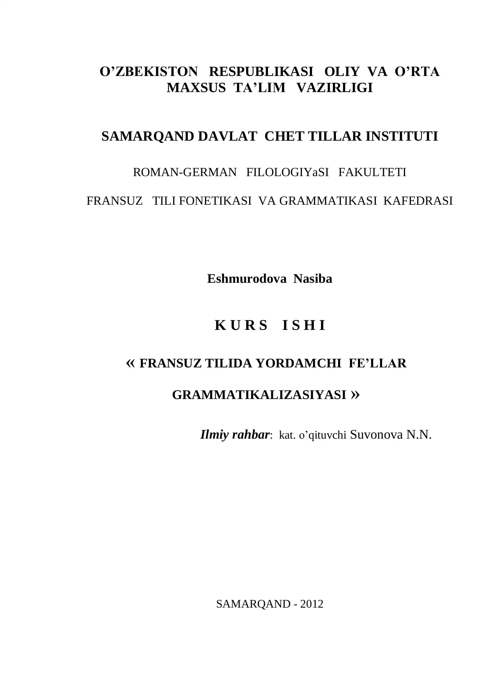 FRANSUZ TILIDA YORDAMCHI FE’LLAR GRAMMATIKALIZASIYASI